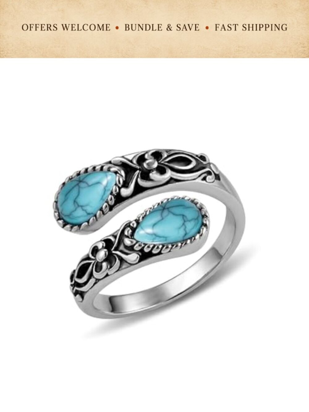 Vintage Silver Plated Brass Turquoise Double Stone Adjustable Ring